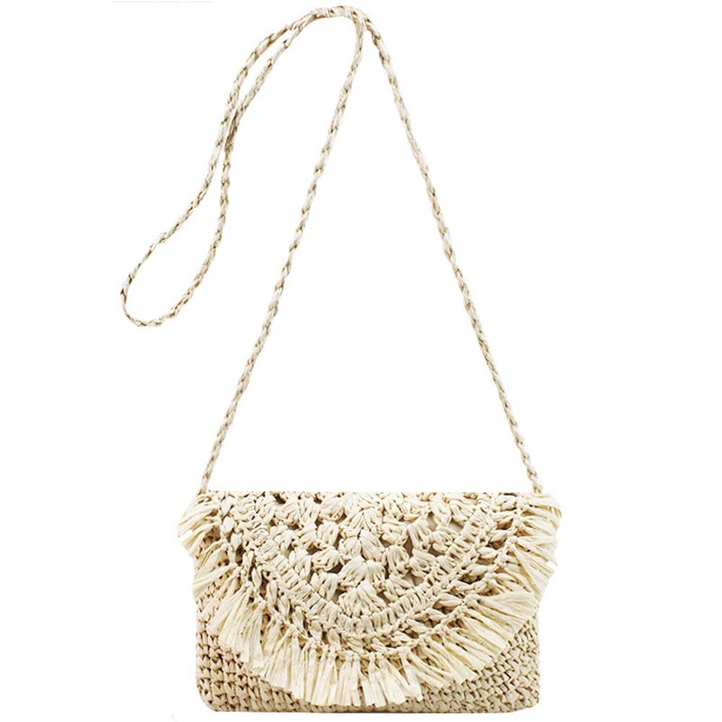 Lobagve Women's Straw Crochet Tassel Shoulder Purse Bohemian Messenger Bag Envelope Beach Bag Beige